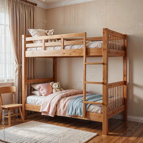 Fototapeta The image shows a cozy bedroom with a wooden bunk bed featuring a ladder on the right side. The top bunk is adorned with a beige pillow and two teddy bears, while the bottom bunk has a pink comforter 