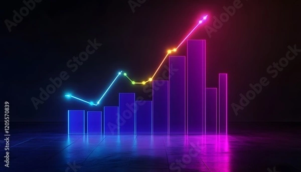 Fototapeta A vibrant neon graph with dynamic bars showing growth and progress. It symbolizes data analysis and successful financial strategies in the contemporary digital landscape.