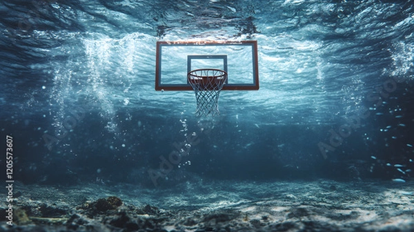 Obraz A basketball hoop submerged underwater, creating a surreal and dreamlike scene, during a creative concept shoot