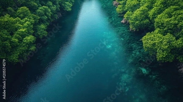 Fototapeta Aerial View of Serene River in Lush Green Forest