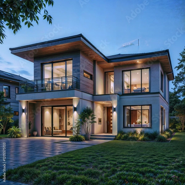 Fototapeta The image depicts a modern, two-story house with a contemporary design, featuring large windows, a balcony, and outdoor lighting. The house is surrounded by a well-maintained garden with a paved drive