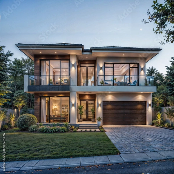 Fototapeta The image depicts a modern, two-story house with a contemporary design, featuring large windows, a balcony, and outdoor lighting. The house is surrounded by a well-maintained garden with a paved drive