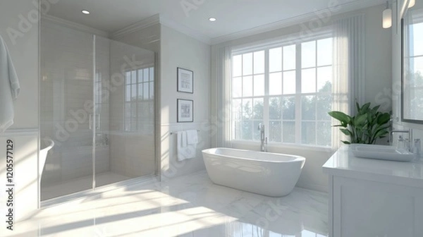 Fototapeta A bright, modern bathroom with a glass-enclosed shower, a freestanding bathtub near a large window, and sleek white finishes. Sunlight streams in, creating a serene vibe