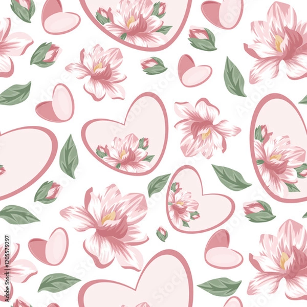 Fototapeta seamless pattern with hearts with floral design namely magnolia of different sizes, hearts and magnolia petals