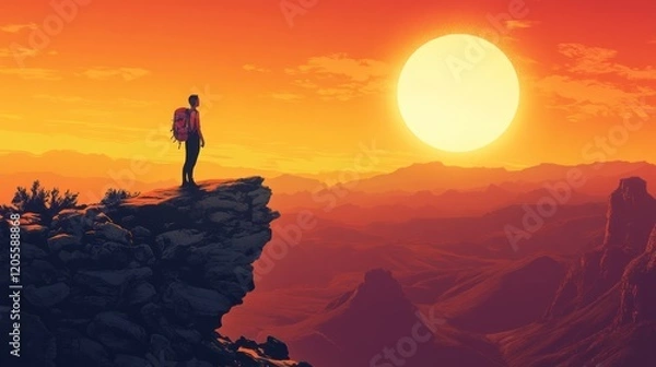 Fototapeta Hiker on mountaintop at sunset, overlooking vast landscape.