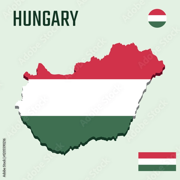Fototapeta 3D Hungary map with flag, Three dimensional map of Hungary with shadow