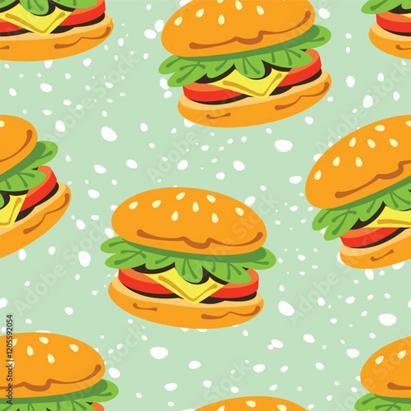 Fototapeta Seamless pattern cartoon of hamburger funny. Kawaii fast food. Pattern design for children fabric, wrapping paper, wallpaper and fashion prints.