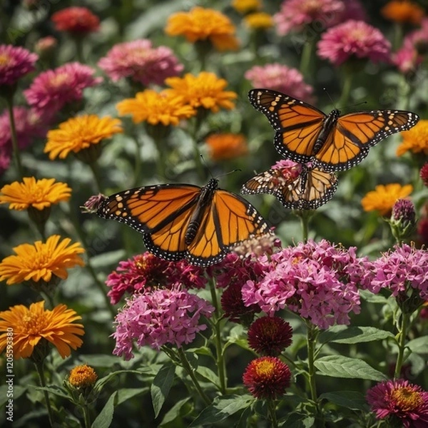 Fototapeta Create a vibrant scene featuring a monarch butterfly perched delicately on a colorful flower, surrounded by other butterflies fluttering gracefully among a lush garden of blooming flowers. 