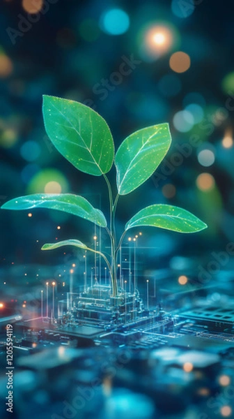 Fototapeta Electronic circuit nurturing delicate green sprout, representing technological eco-innovation