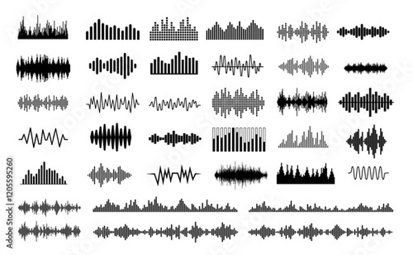 Obraz Audio waves vector collection - Set of audio music illustration graphics and symbols showing spectrum waveform and various equaliser icons and elements in black colour on white background