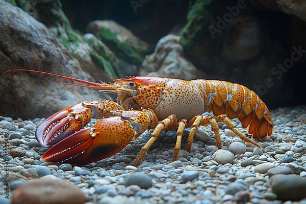 Fototapeta Colorful Lobster Crawling on Gravel Substrate