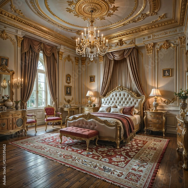 Fototapeta The image depicts a luxurious bedroom featuring ornate furniture, rich fabrics, and a chandelier. The room is decorated with gold accents, a large bed with a tufted headboard, and a large rug on the w
