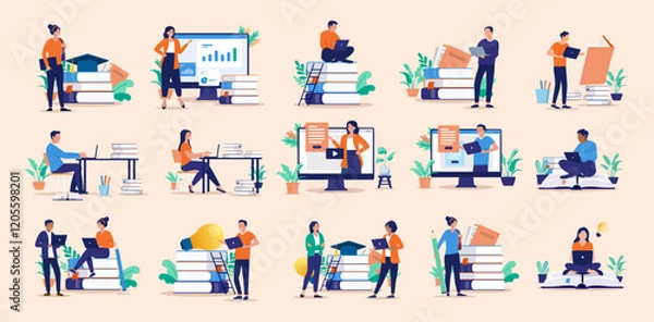 Obraz Education and study illustrations collection - Vector set bundle of various students reading, learning, taking courses and doing school work with books and computers in flat design style