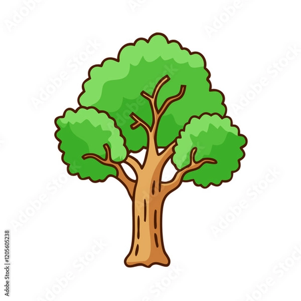 Fototapeta Cartoon tree with green leaves and brown trunk, A simple and colorful illustration of a tree with lush green foliage and a solid brown trunk. 
