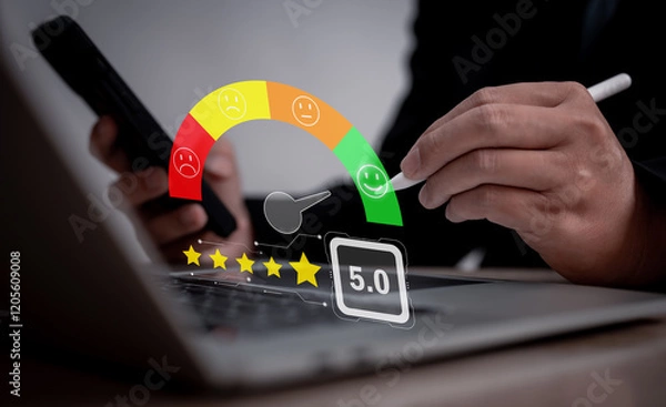 Fototapeta Client or consumer rating service experience on online application. customer review satisfaction feedback survey, evaluating service quality, and its impact on a business's reputation ranking
