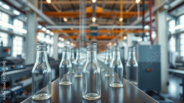 Obraz Empty glass bottles on a conveyor belt in a factory.  Industrial production line.