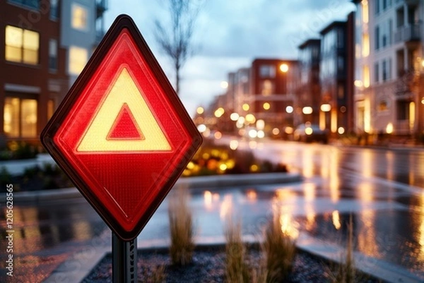 Fototapeta A bright yield sign on a newly paved street, with fresh road markings and landscaping around it