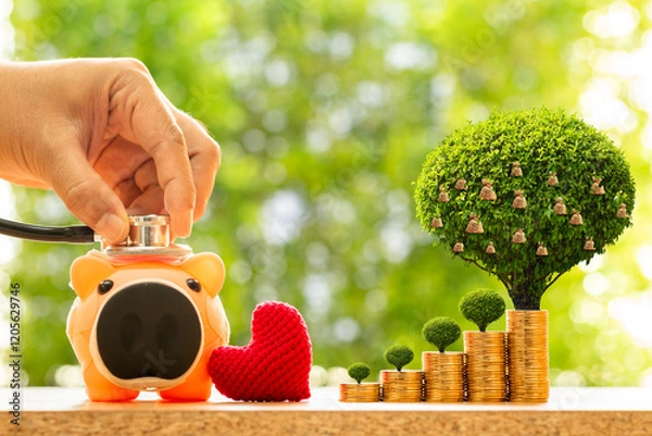 Obraz Man hand use a stethoscope with check hygiene of sick piggy bank and red heart and stack gold coin with growing and money bag of tree  in the public park, Saving for buy health insurance concept.