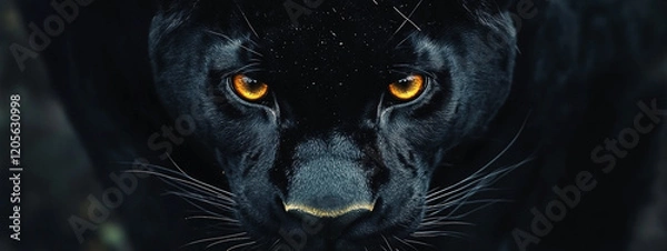 Fototapeta A striking closeup of a black panther's face with intense amber eyes and detailed fur texture