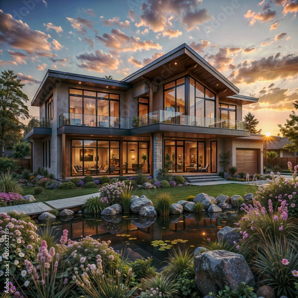 Fototapeta The image showcases a modern house with a contemporary design, featuring large windows and wooden accents. The exterior is complemented by a well-maintained garden with flowering plants and a serene p
