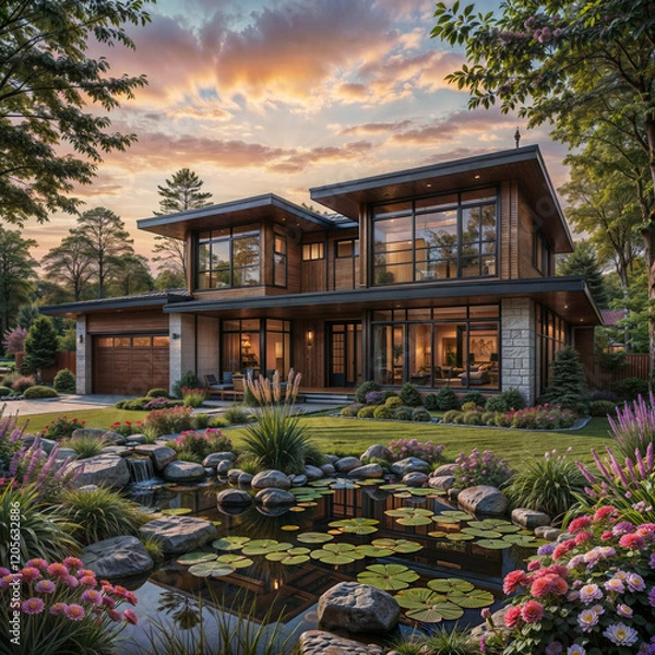Fototapeta The image showcases a modern house with a contemporary design, featuring large windows and wooden accents. The exterior is complemented by a well-maintained garden with flowering plants and a serene p