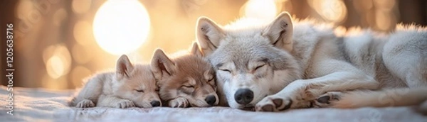 Fototapeta A Majestic Family of Wolves Under a Glowing Moon A Symbol of Species Preservation and Ecological Balance in the Wild Their Peaceful Slumber Reflects the Importance of Protecting Their Habitat and