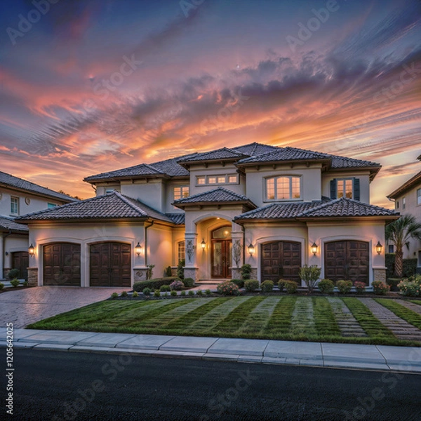 Fototapeta The image shows a luxurious two-story house with a tiled roof, garages, and a well-manicured lawn. The house is illuminated with warm lighting, and the sky in the background is painted with hues of or