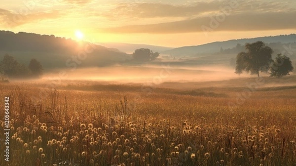 Fototapeta A peaceful scene of misty mountains and valleys glowing under soft morning light.