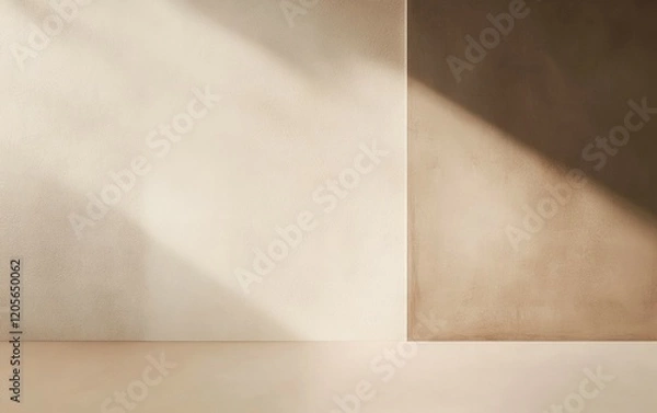 Fototapeta minimalist interior scene with wall in 2 colors and floor, smooth texture, beige and mocha mousse brown shades, sunlight casts soft shadows across walls, gradient effect, play of light and shadow.