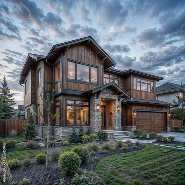 Fototapeta The image depicts a modern, two-story house with wooden exterior cladding, large windows, and a stone entrance. The house is surrounded by a well-maintained garden with bushes, plants, and a small tre