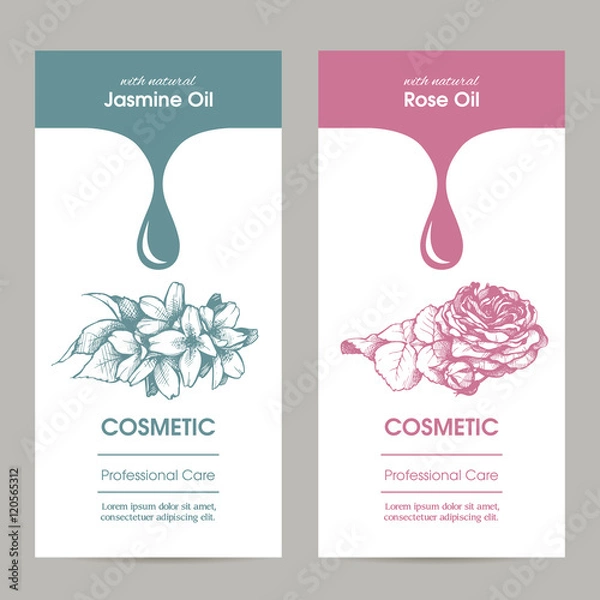 Fototapeta Vector set packaging design for cosmetic with sketch illustration of jasmine and