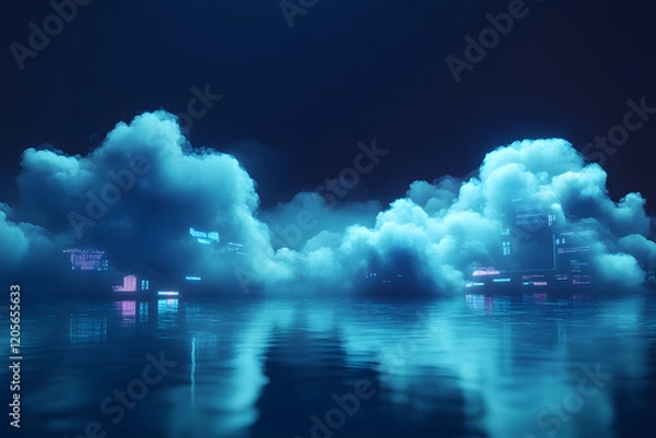 Fototapeta 3D rendering of clouds with data and glowing neon lights in space, symbolizing advanced cybersecurity and AI-driven innovation in a futuristic tech scene.