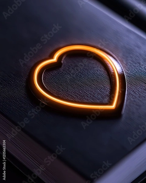 Fototapeta A glowing heart symbol on a dark book, representing love and affection.