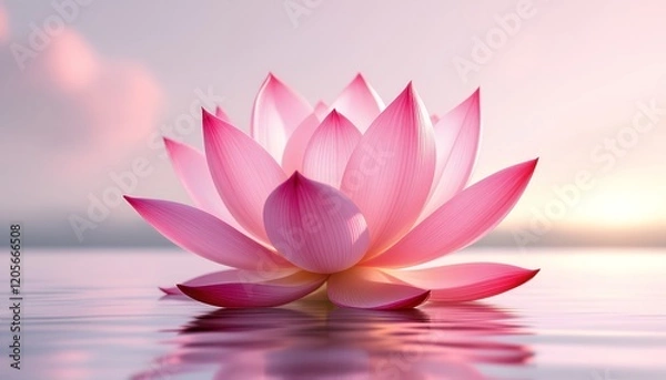 Fototapeta Serene Pink Lotus Blossom on Calm Water at Sunrise A Symbol of Purity and Tranquility