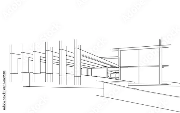 Fototapeta Architectural sketch of a house 3d illustration