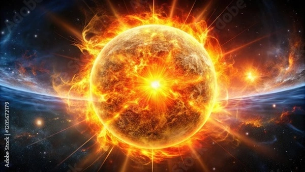 Obraz A solar flare erupts on the surface of the sun with electromagnetic radiation emanating from its core, stellar activity, plasma emission, solar flare, aurora borealis, electromagnetic radiation