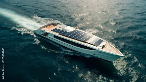 Fototapeta A photo of a solar-powered electric boat cruising on ocean
