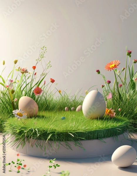 Obraz Easter themed product display podium, Abstract meadow vision, easter podium with 3D-printed shapes of grass, flowers, and eggs in muted tones, clean and neutral pastel, ad, podium platform