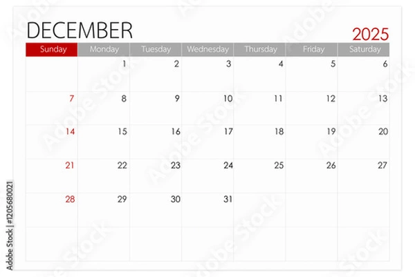 Fototapeta Calendar December 2025 page isolated on white background, Save clipping path.