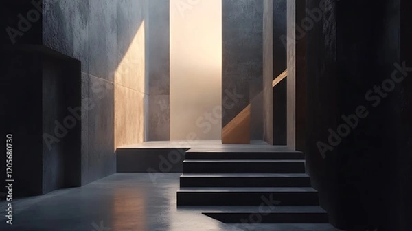 Fototapeta Concrete Staircase and Sunlit Corridor in Minimalist Architecture