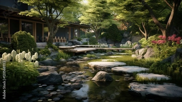 Fototapeta A photo of a spa garden with a pond and stepping stone