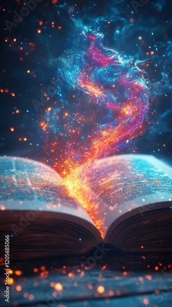 Fototapeta A colorful, magical book with vibrant hues emanating from its pages, symbolizing imagination. Ideal for fantasy, storytelling, and creative themes.