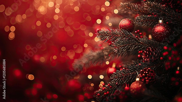 Fototapeta Elegant Christmas Tree Branch with Red Ornaments and Bokeh Lights