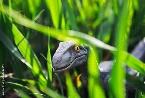 Obraz Velociraptor dinosaur toy in the middle of lush green grass