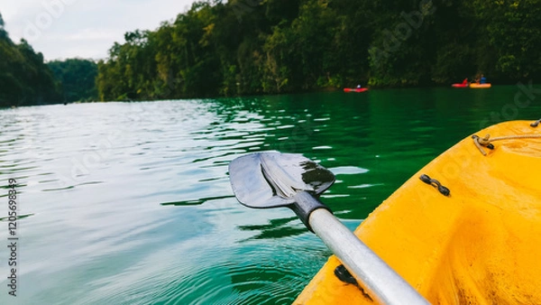 Fototapeta Kayak on the emerald water of the tropical forest, Dandeli, India.