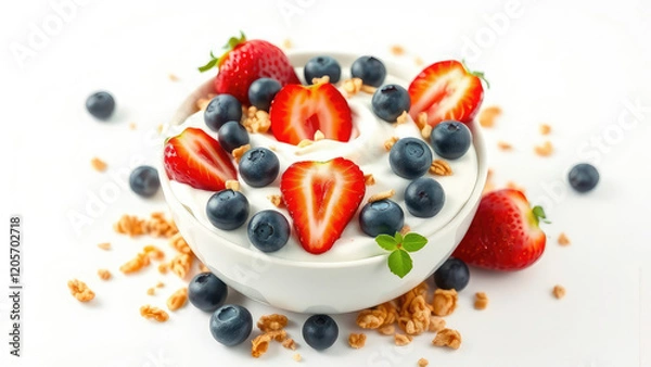 Fototapeta A bowl of creamy yogurt topped with fresh blueberries, strawberries, and crunchy granola, nutritious, fruit, yogurt, morning