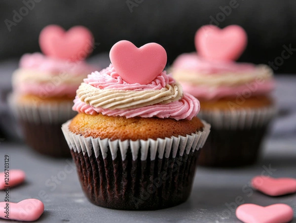Fototapeta Delicious cupcakes with heart decorations, perfect for Valentine Day