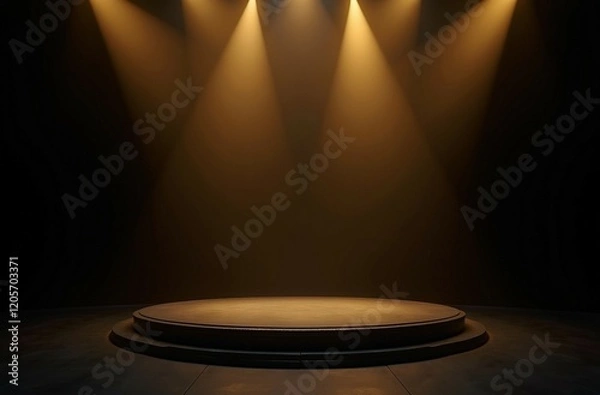 Obraz Podium with golden light lamps background with rays and sparks