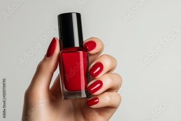 Obraz Elegant red nails showcase a glossy nail polish bottle against a clean white backdrop, emphasizing beauty and style in a vibrant display