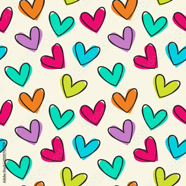 Fototapeta seamless pattern featuring colorful, hand-drawn hearts in various shades of pink, purple, blue, green, and orange on a light background, creating a playful and vibrant design